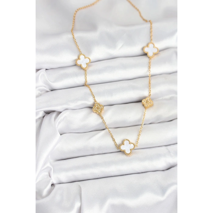 BFS 316L Çelik Zincir Gold Renk Beyaz ve Zirkon Taşlı Yonca Kadın Kolye