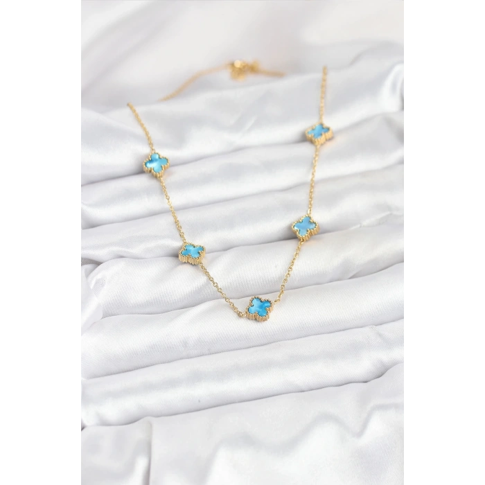 BFS 316L Çelik Zincir Gold Renk Buz Mavisi Baby Boy Yonca Kadın Kolye