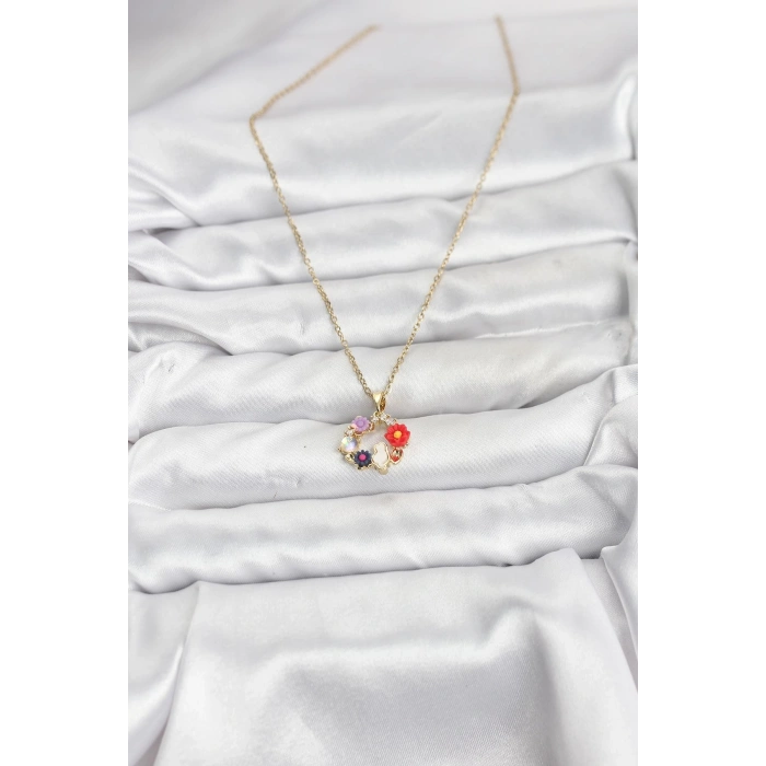 Mey İthalat® 316L Çelik Zincir Gold Renk Çiçekli Kedili Model Kadın Kolye