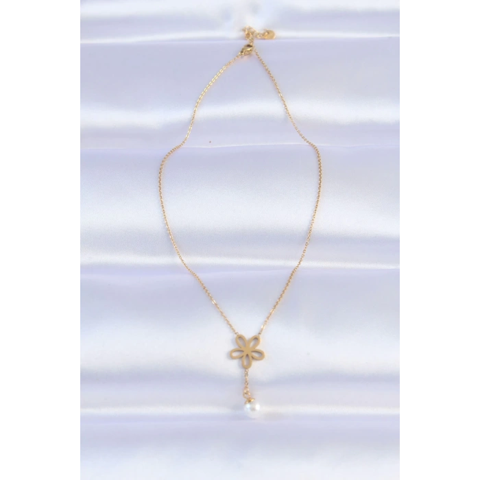 BFS 316L Çelik Zincir Gold Renk İnci Detay Çiçek Kolye