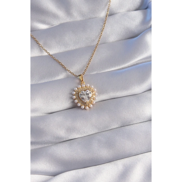 BFS 316L Çelik Zincir Gold Renk İncili Zirkon Taşlı Kalp Tasarımlı Kolye