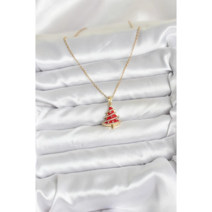 BFS 316L Çelik Zincir Gold Renk Kırmızı Çam Ağacı Model Yılbaşı Temalı Kadın Kolye