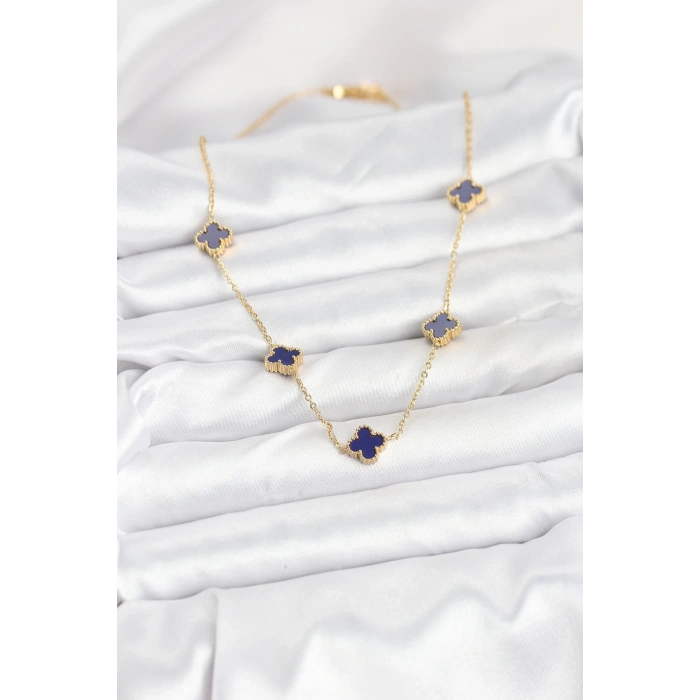 BFS 316L Çelik Zincir Gold Renk Lacivert Baby Boy Yonca Kadın Kolye