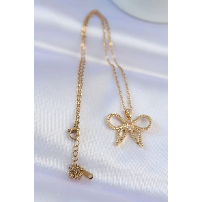 BFS 316L Çelik Zincir Gold Renk Zirkon Taşlı Fiyonk Kolye