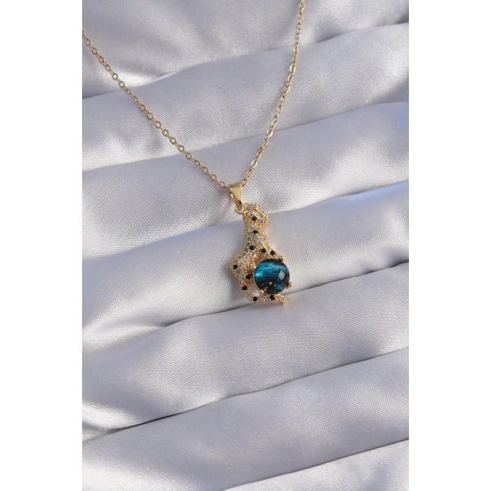 BFS 316L Çelik Zincir Gold Renk Zirkon Taşlı Panter Figürlü Gezegen Kolye