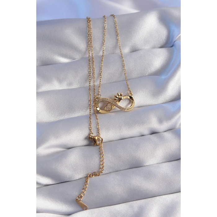 BFS 316L Çelik Zincir Gold Renk Zirkon Taşlı Pati ve Kalp Detaylı Sonsuzluk Kolye