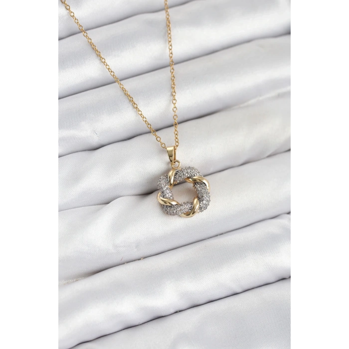 BFS 316L Çelik Zincir Gold Renk Zirkon Taşlı Sarmal Model Kadın Kolye