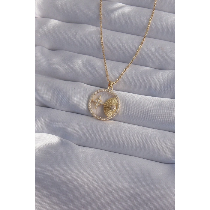 BFS 316L Çelik Zincir Gold Renk Zirkon Taşlı Yıldız Figürlü Oval Kolye