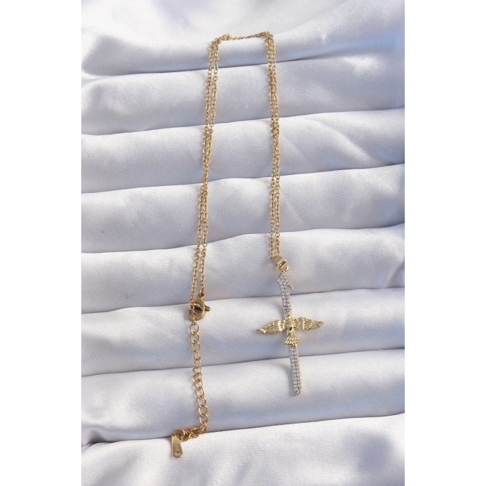 BFS 316L Çelik Zincir Gold Renkli Zirkon Taşlı Anka Kuşu Kolye