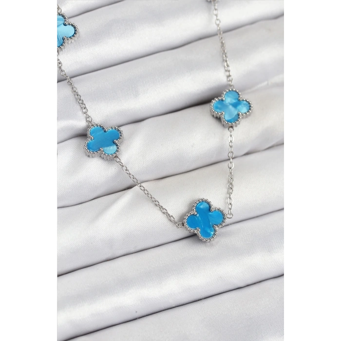 BFS 316L Çelik Zincir Gümüş Buz Mavisi Renk Yonca Kadın Kolye