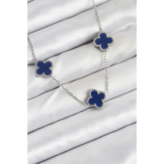 BFS 316L Çelik Zincir Gümüş Lacivert Renk Yonca Kadın Kolye