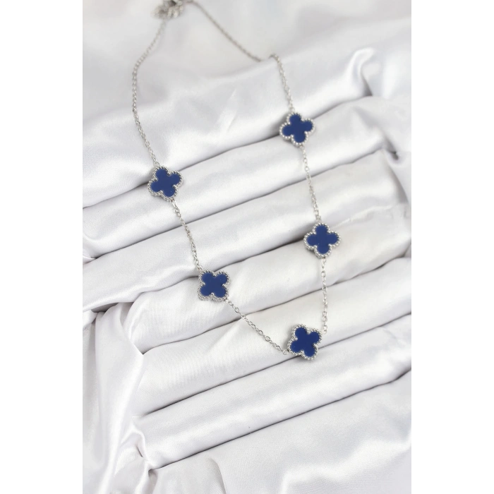 BFS 316L Çelik Zincir Gümüş Lacivert Renk Yonca Kadın Kolye