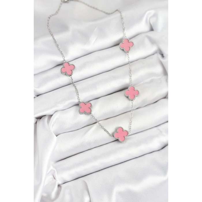 BFS 316L Çelik Zincir Gümüş Pembe Renk Yonca Kadın Kolye