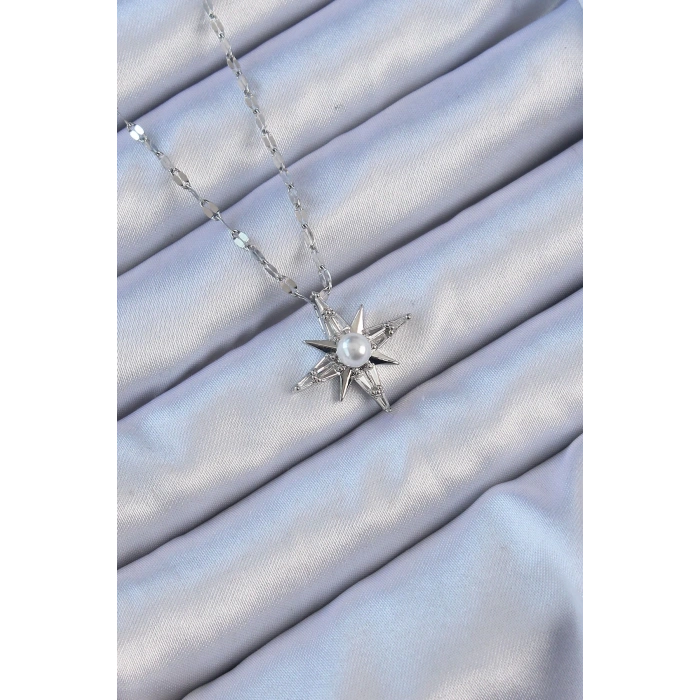 BFS 316L Çelik Zincir Gümüş Renk Baget Taşlı İnci Detay Kutup Yıldızı Kolye