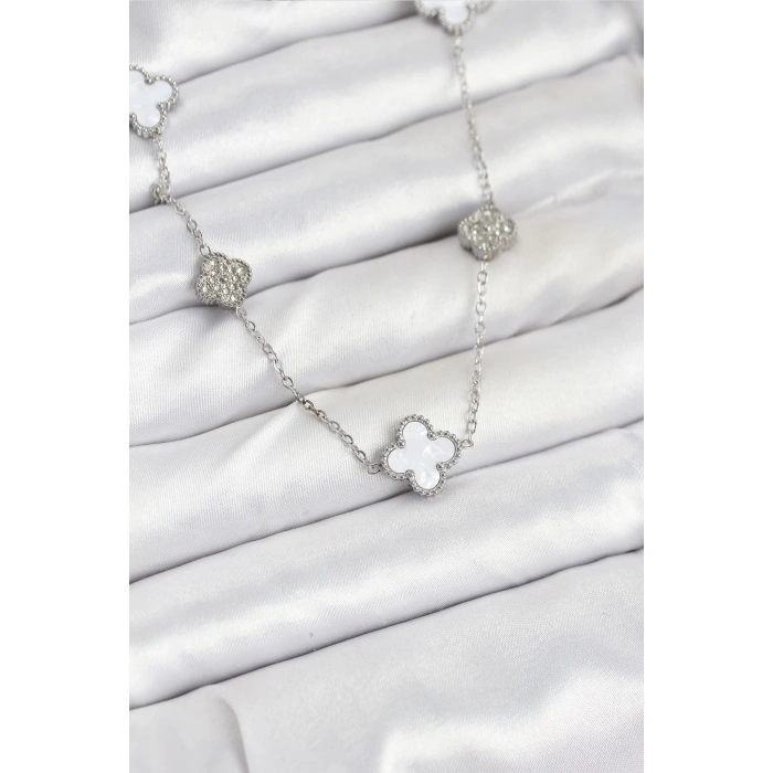 BFS 316L Çelik Zincir Gümüş Renk Beyaz ve Zirkon Taşlı Yonca Kadın Kolye