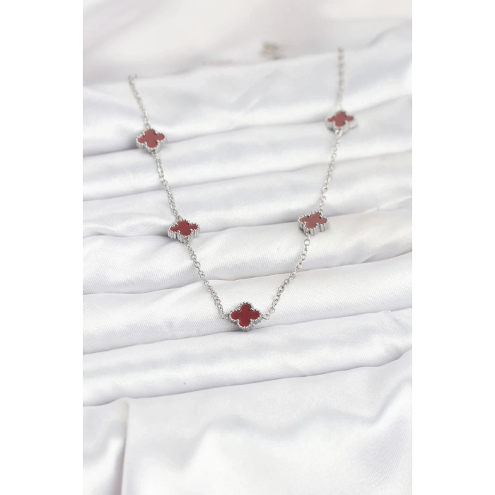 BFS 316L Çelik Zincir Gümüş Renk Bordo Baby Boy Yonca Kadın Kolye