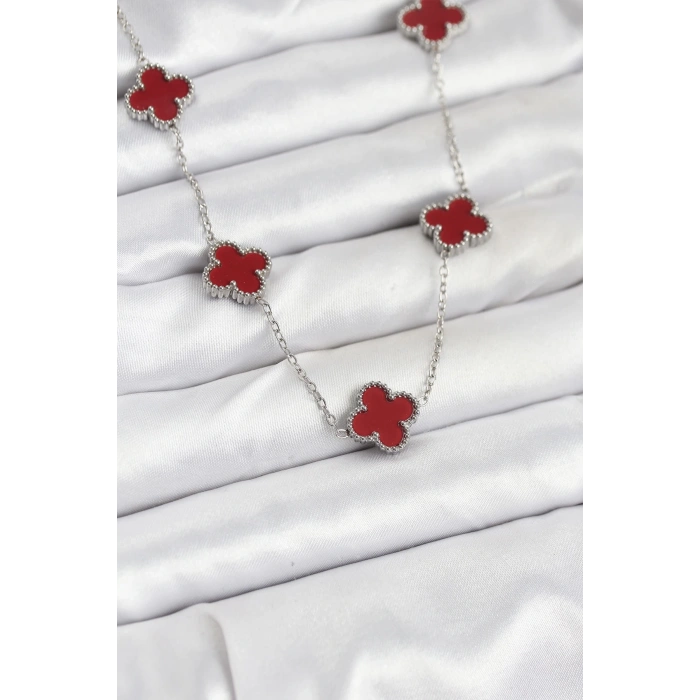 BFS 316L Çelik Zincir Gümüş Renk Bordo Renk Yonca Kadın Kolye