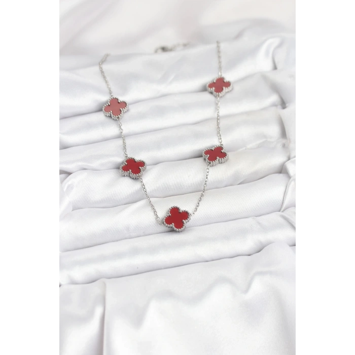 BFS 316L Çelik Zincir Gümüş Renk Bordo Renk Yonca Kadın Kolye