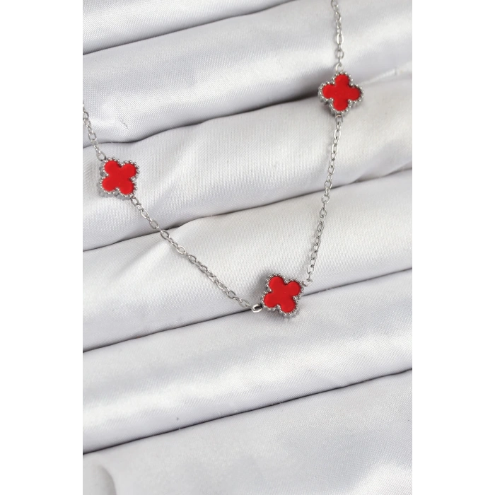 BFS 316L Çelik Zincir Gümüş Renk Kırmızı Baby Boy Yonca Kadın Kolye