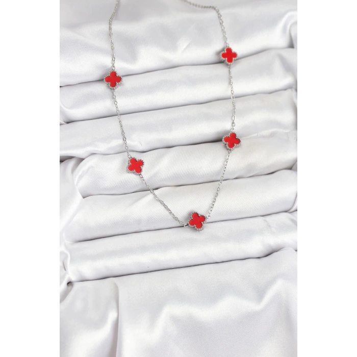 BFS 316L Çelik Zincir Gümüş Renk Kırmızı Baby Boy Yonca Kadın Kolye