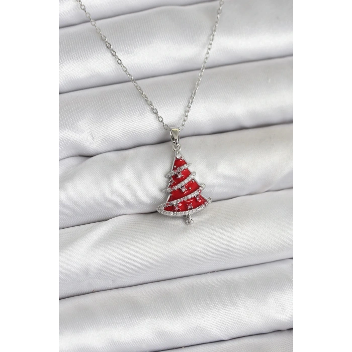 BFS 316L Çelik Zincir Gümüş Renk Kırmızı Çam Ağacı Model Yılbaşı Temalı Kadın Kolye