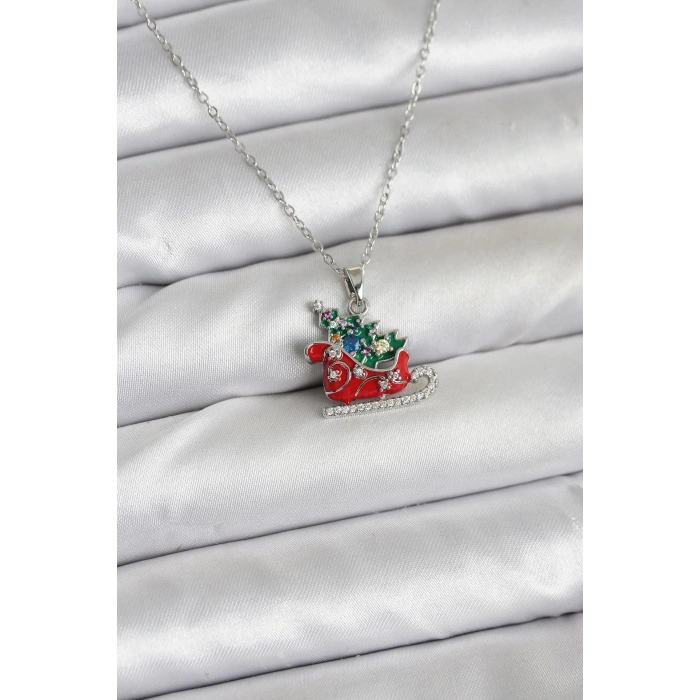 BFS 316L Çelik Zincir Gümüş Renk Kızak ve Çam Ağacı Figürlü Yılbaşı Temalı Kadın Kolye