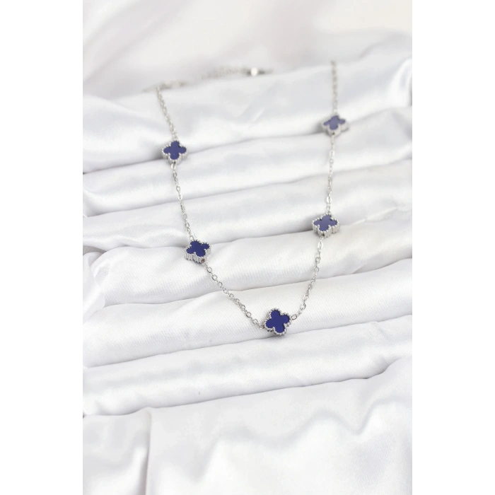 BFS 316L Çelik Zincir Gümüş Renk Lacivert Baby Boy Yonca Kadın Kolye