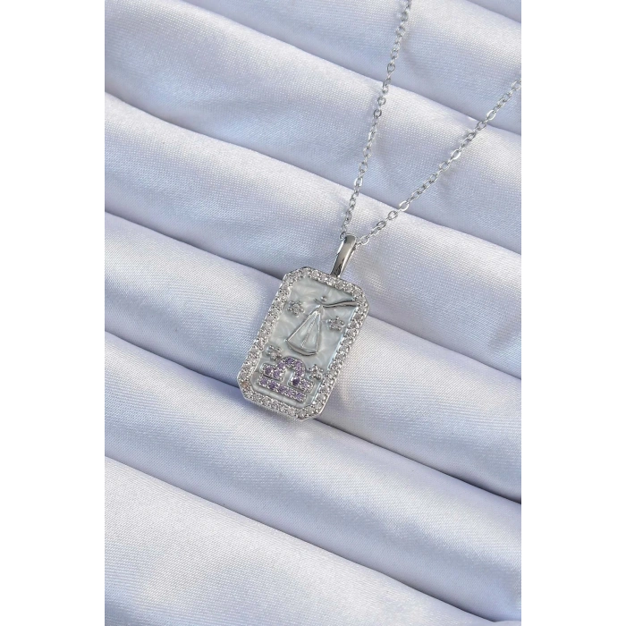 BFS 316L Çelik Zincir Gümüş Renk Lila Zirkon Taşlı Tarot Kolye