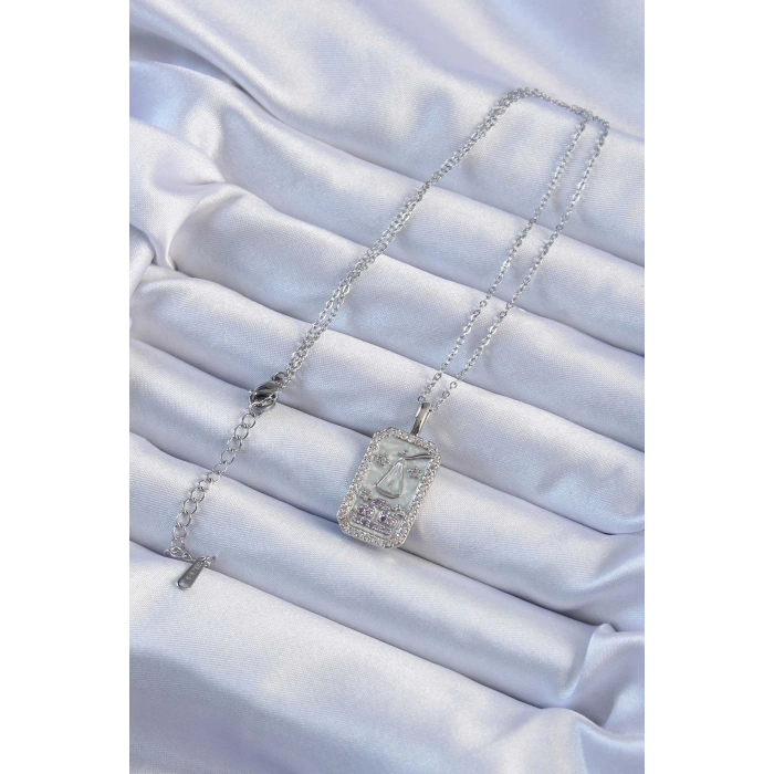 BFS 316L Çelik Zincir Gümüş Renk Lila Zirkon Taşlı Tarot Kolye