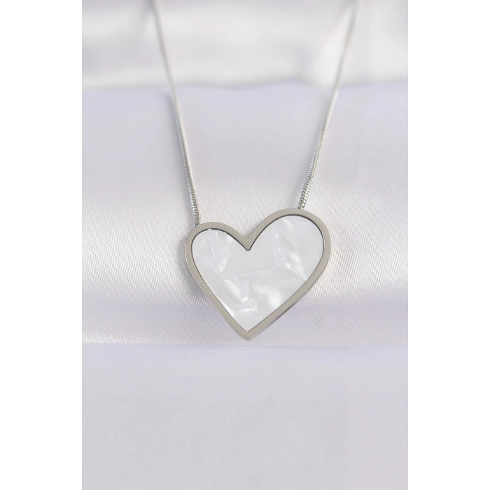 BFS 316L Çelik Zincir Gümüş Renk Mermer Desenli Kalp Kolye