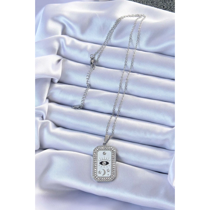 BFS 316L Çelik Zincir Gümüş Renk Mineli Zirkon Taşlı Göz Figür Tarot Kolye