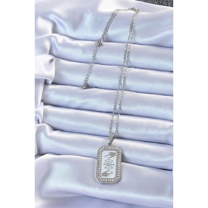 BFS 316L Çelik Zincir Gümüş Renk Mineli Zirkon Taşlı Göz Figür Tarot Kolye