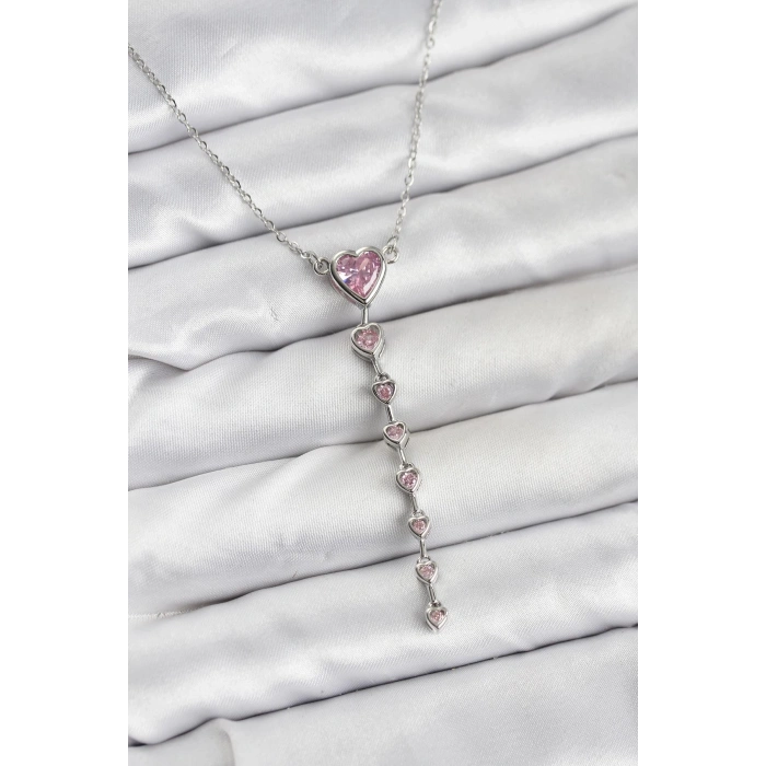 BFS 316L Çelik Zincir Gümüş Renk Pembe Kalp Kadın Kolye