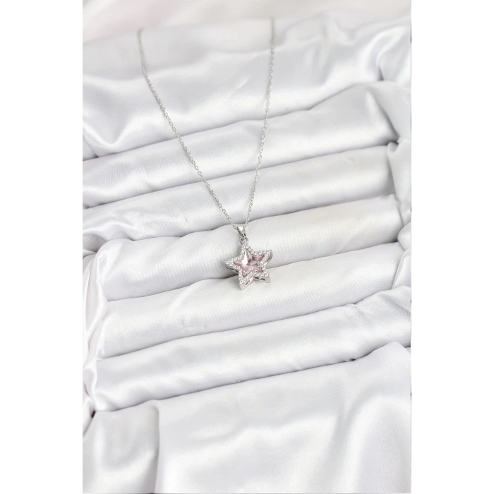 BFS 316L Çelik Zincir Gümüş Renk Pembe Taşlı Yıldız Model Kadın Kolye