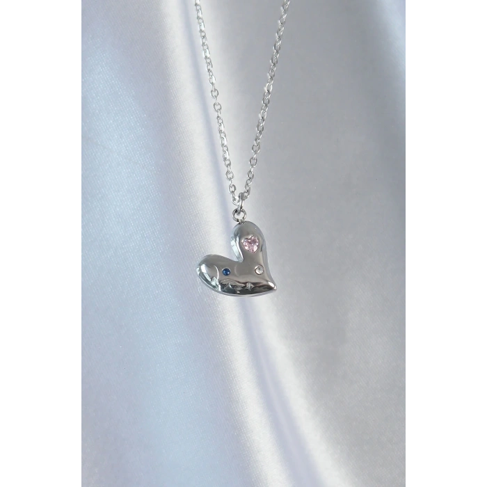 BFS 316L Çelik Zincir Gümüş Renk Renkli Zirkon Taşlı Kalp Kolye