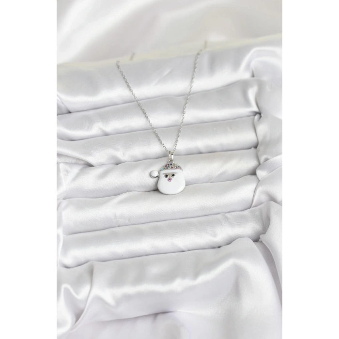 BFS 316L Çelik Zincir Gümüş Renk Şapkalı Kardan Adam Kafası Model Yılbaşı Temalı Kadın Kolye