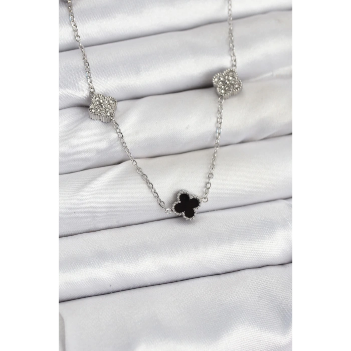 BFS 316L Çelik Zincir Gümüş Renk Siyah ve Zirkon Taşlı Baby Boy Yonca Kadın Kolye
