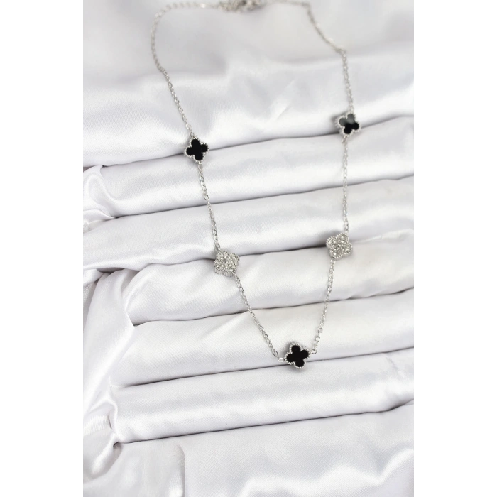 BFS 316L Çelik Zincir Gümüş Renk Siyah ve Zirkon Taşlı Baby Boy Yonca Kadın Kolye