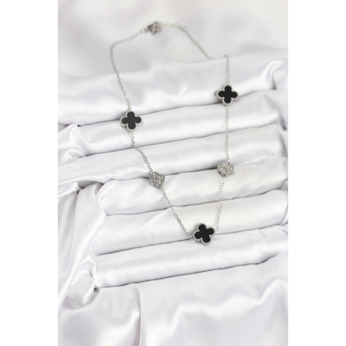 BFS 316L Çelik Zincir Gümüş Renk Siyah ve Zirkon Taşlı Yonca Kadın Kolye