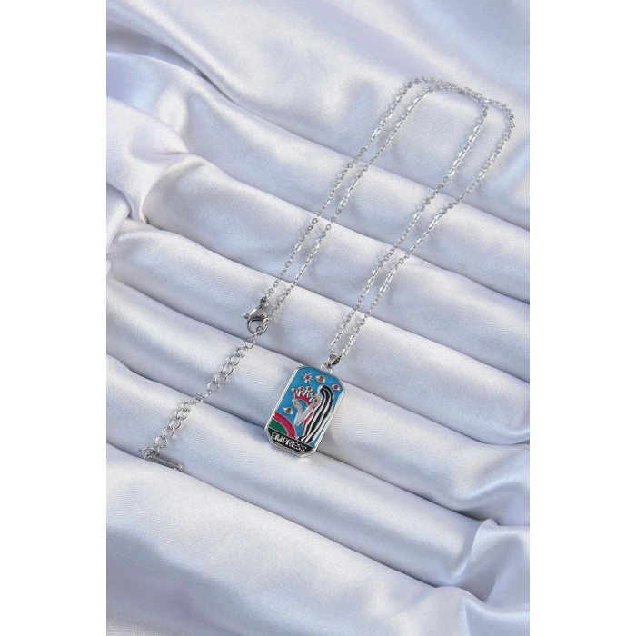 BFS 316L Çelik Zincir Gümüş Renk Taç ve Kız Figürlü Renkli Mineli Tarot Kolye