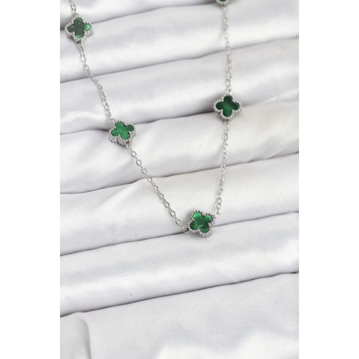 BFS 316L Çelik Zincir Gümüş Renk Yeşil Baby Boy Yonca Kadın Kolye