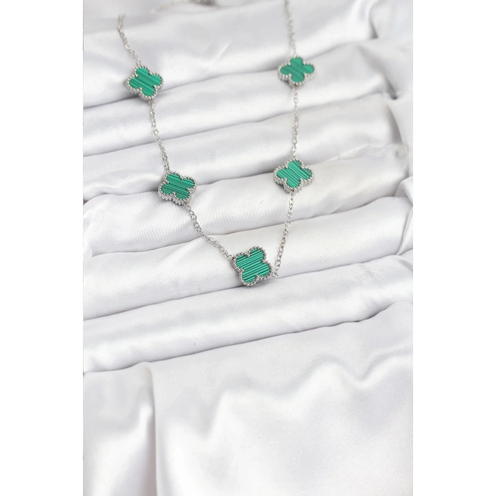 BFS 316L Çelik Zincir Gümüş Renk Yeşil Yonca Kadın Kolye