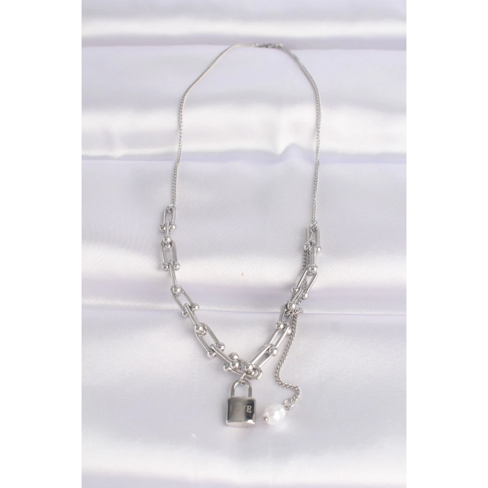 BFS 316L Çelik Zincir Gümüş Renk Zincirli Love Yazılı Kilit Kolye