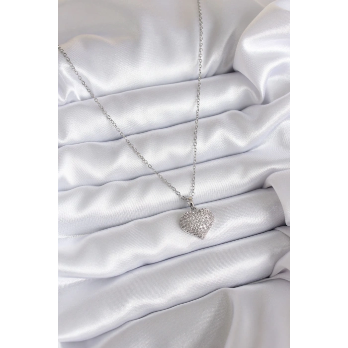 BFS 316L Çelik Zincir Gümüş Renk Zirkon Taş Detay Kalp Model Kadın Kolye