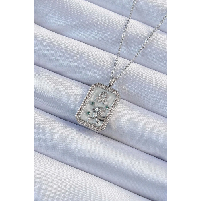 BFS 316L Çelik Zincir Gümüş Renk Zirkon Taşlı Aslan Figürlü Tarot Kolye