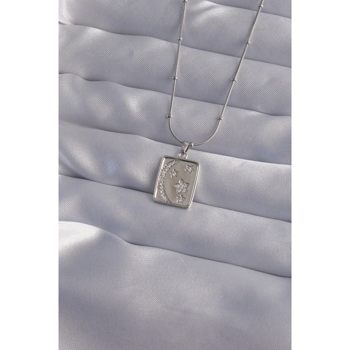 BFS 316L Çelik Zincir Gümüş Renk Zirkon Taşlı Ay Yıldız Figürlü Tarot Kolye