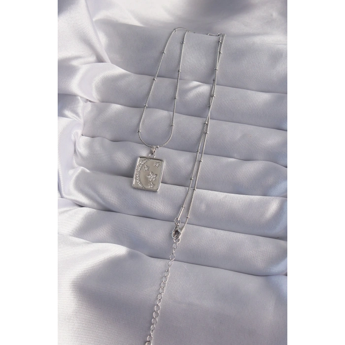 BFS 316L Çelik Zincir Gümüş Renk Zirkon Taşlı Ay Yıldız Figürlü Tarot Kolye