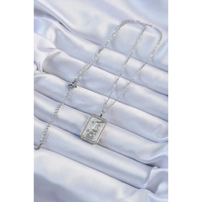 BFS 316L Çelik Zincir Gümüş Renk Zirkon Taşlı Çerçeveli Tarot Kolye