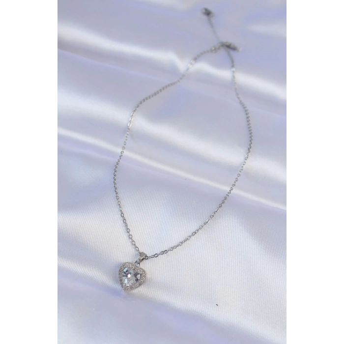 BFS 316L Çelik Zincir Gümüş Renk Zirkon Taşlı Charm Kalp Kolye