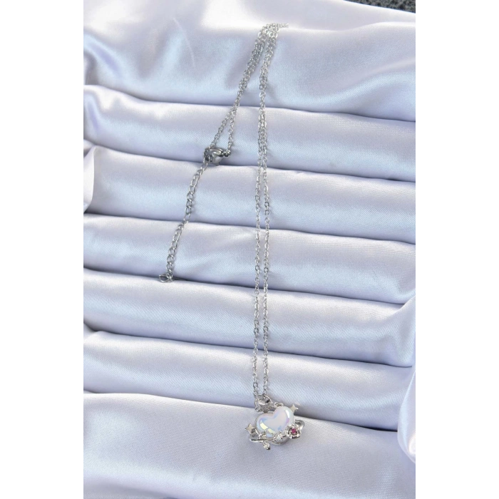 BFS 316L Çelik Zincir Gümüş Renk Zirkon Taşlı Gezegen Görünümlü Kalp Kolye